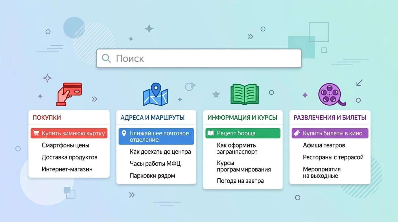 Поисковые подсказки Яндекса с разными типами запросов