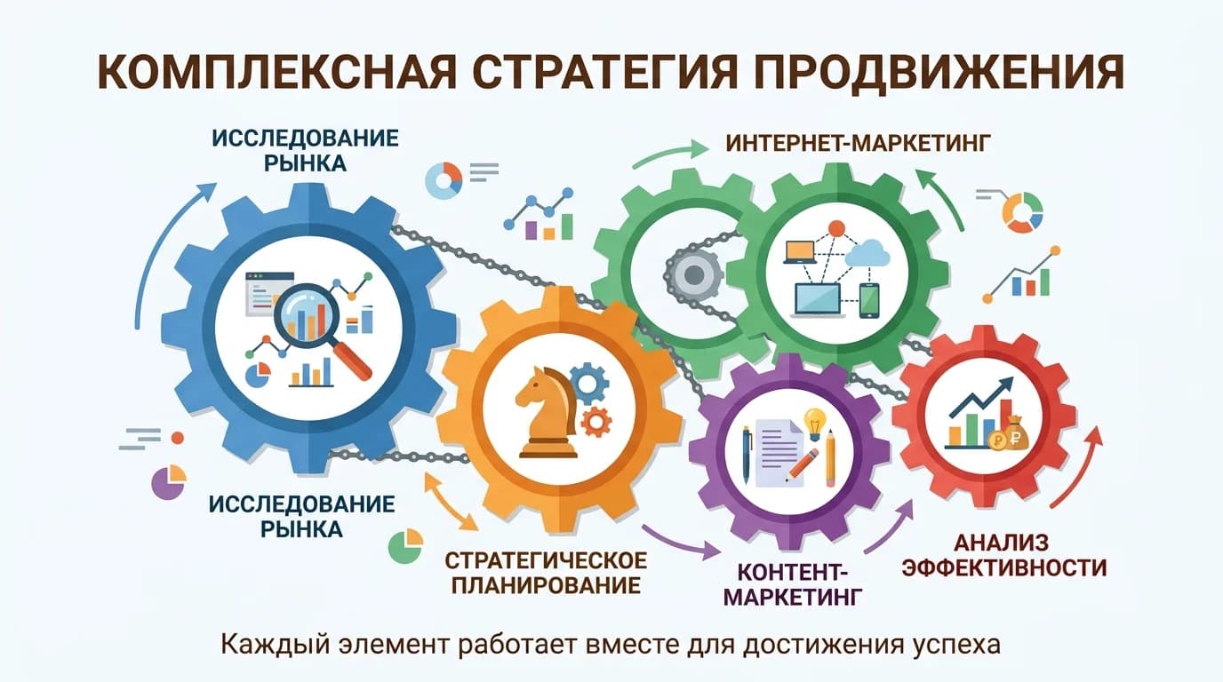 Пять взаимосвязанных элементов эффективной стратегии продвижения, изображённые в виде шестерёнок