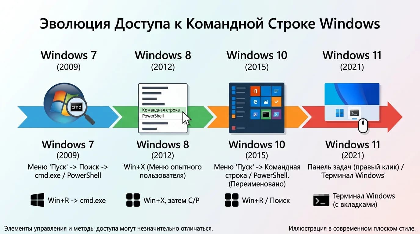 Эволюция методов запуска командной строки в разных версиях Windows