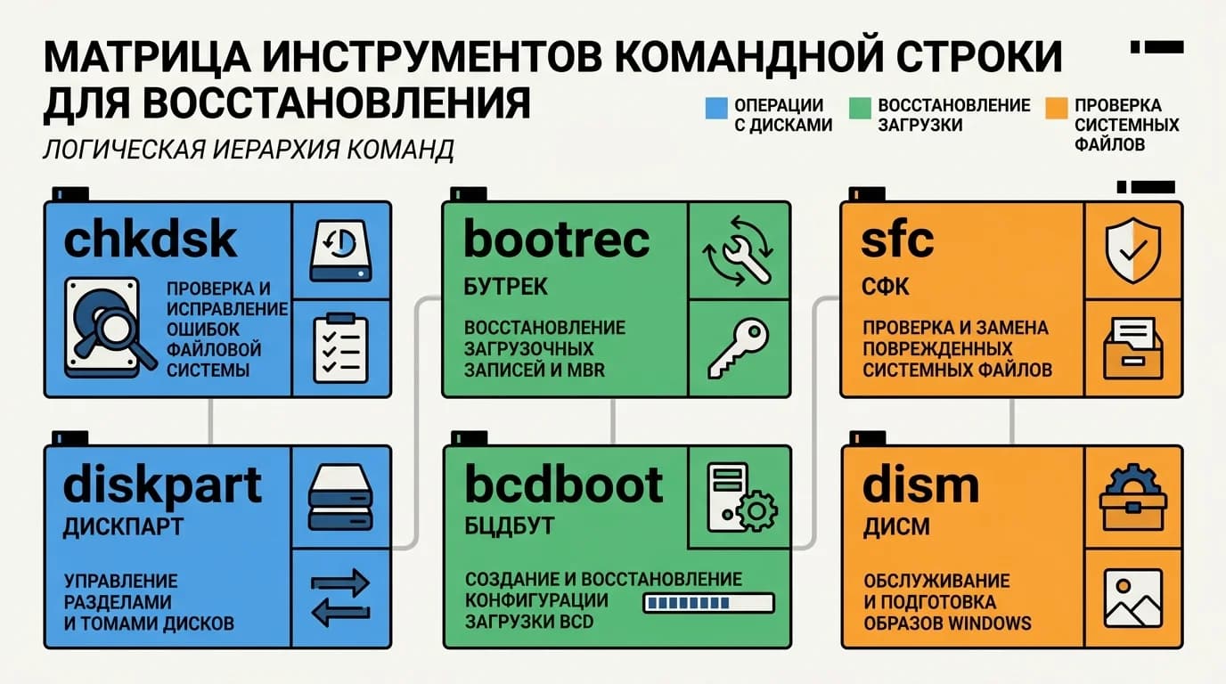 Справочная карточка основных команд командной строки для установки Windows