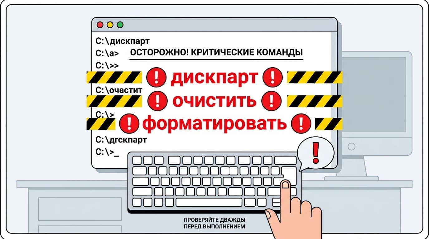 Предупреждение о рисках при работе с командной строкой и утилитой diskpart